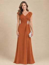 V Neck Pleated Mother of The Bride Dresses with Beading Cap Sleeves