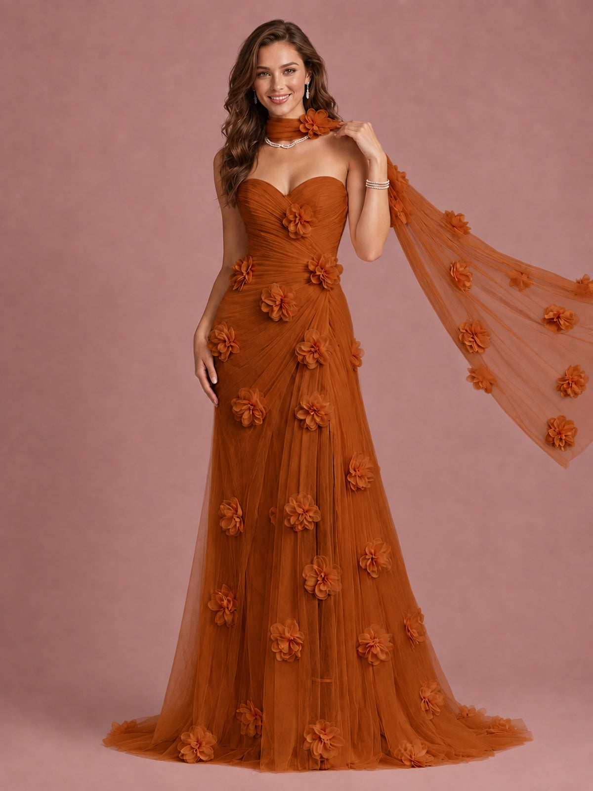Blush Pink Strapless Sweetheart 3D Floral Tulle Mermaid Prom Dress