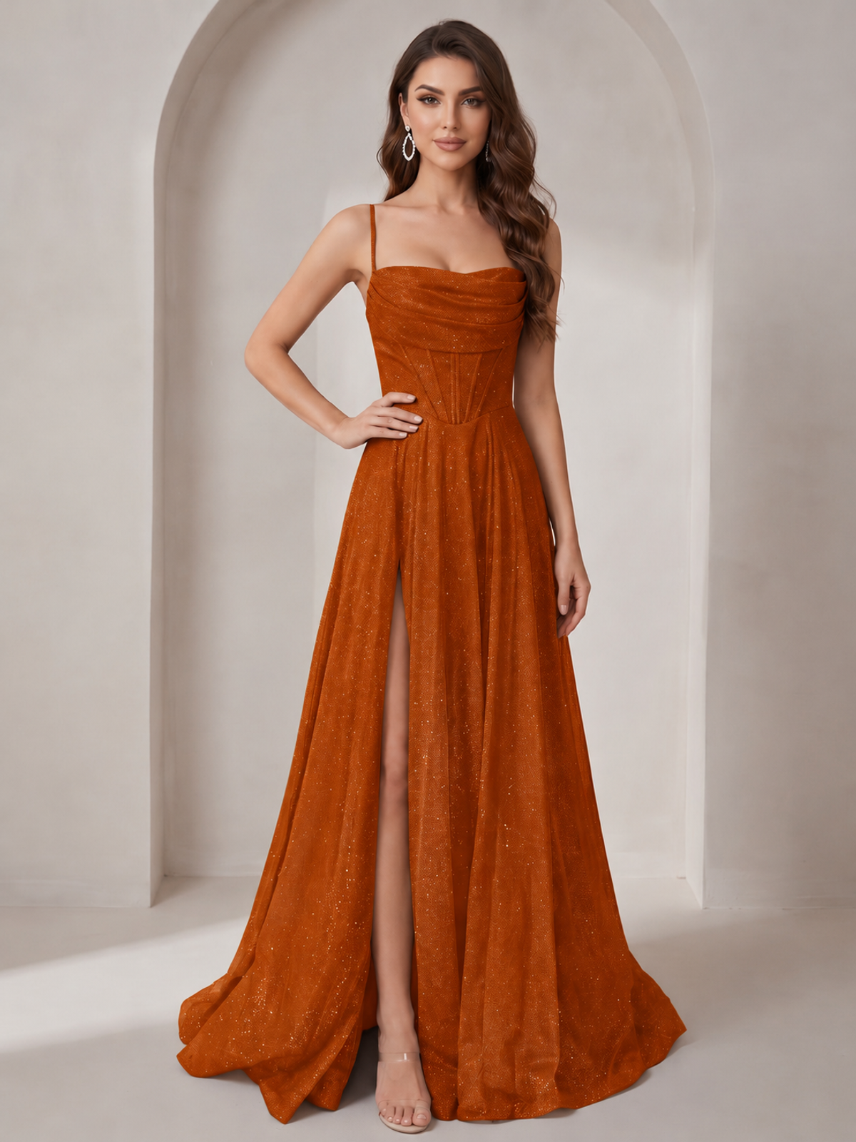 Burnt Orange Sparkly Cowl Neck Corset Long Prom Dress with Slit A-line Tulle Ball Gown Formal Evning Party Dress