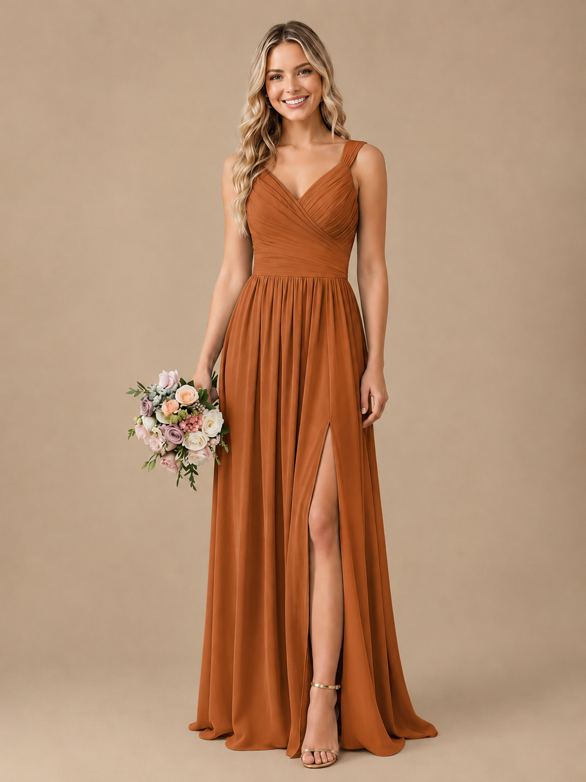 Pleated Chiffon V Neck Wedding Bridesmaid Dresses Floor Length with Slit