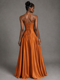 Lavender V Neck Satin Prom Dress with Spaghetti Straps
