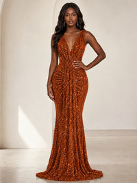 Sequin Mermaid Prom Dress with V-Neck and Ruched Waist