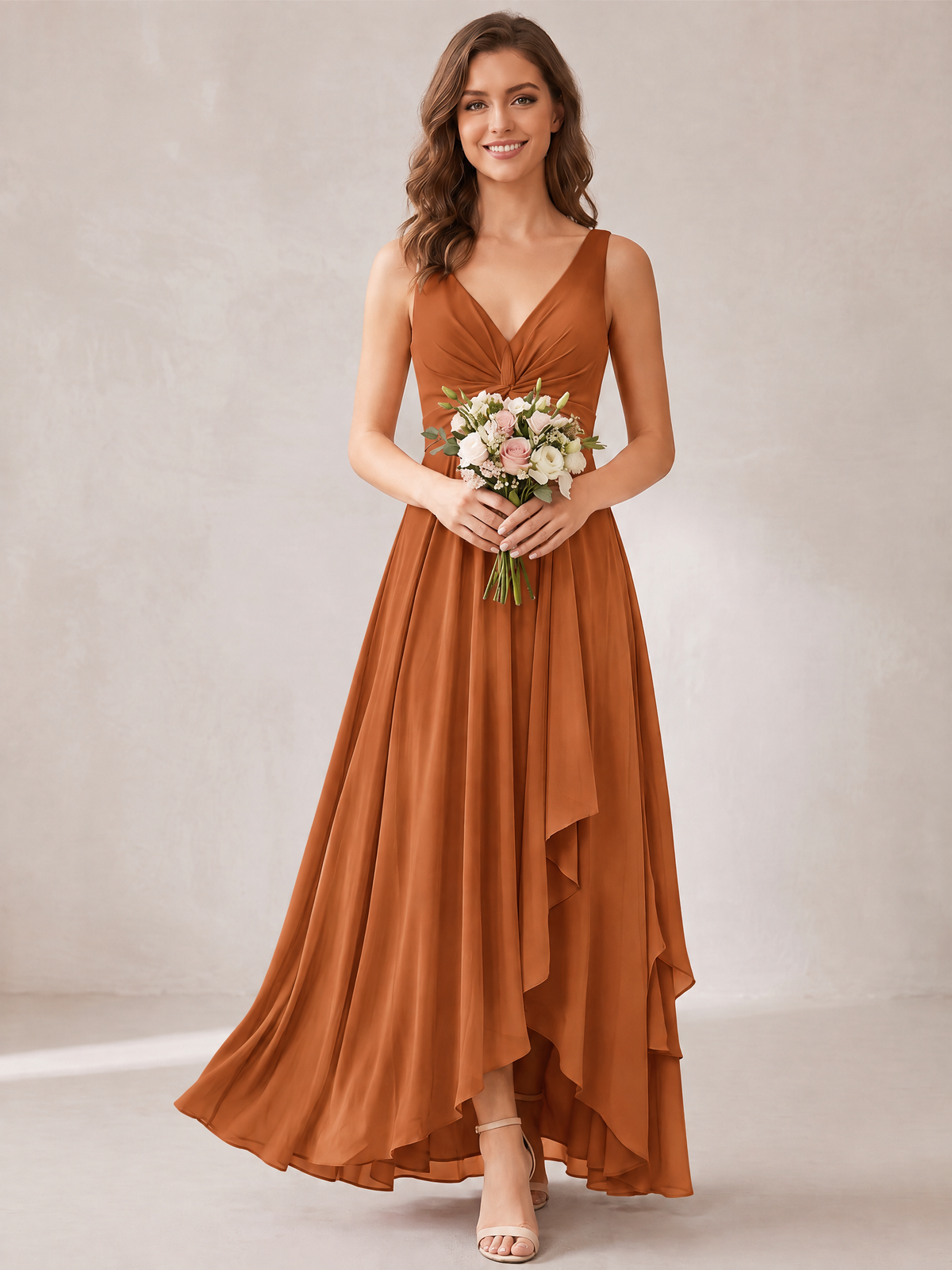 V-Neck High-Low Chiffon Bridesmaid Dress with Ruffles