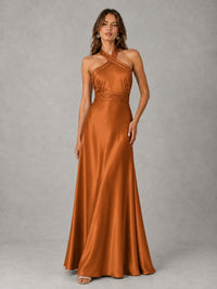 Sage Green Satin A-Line Bridesmaid Dress with Halter Neck