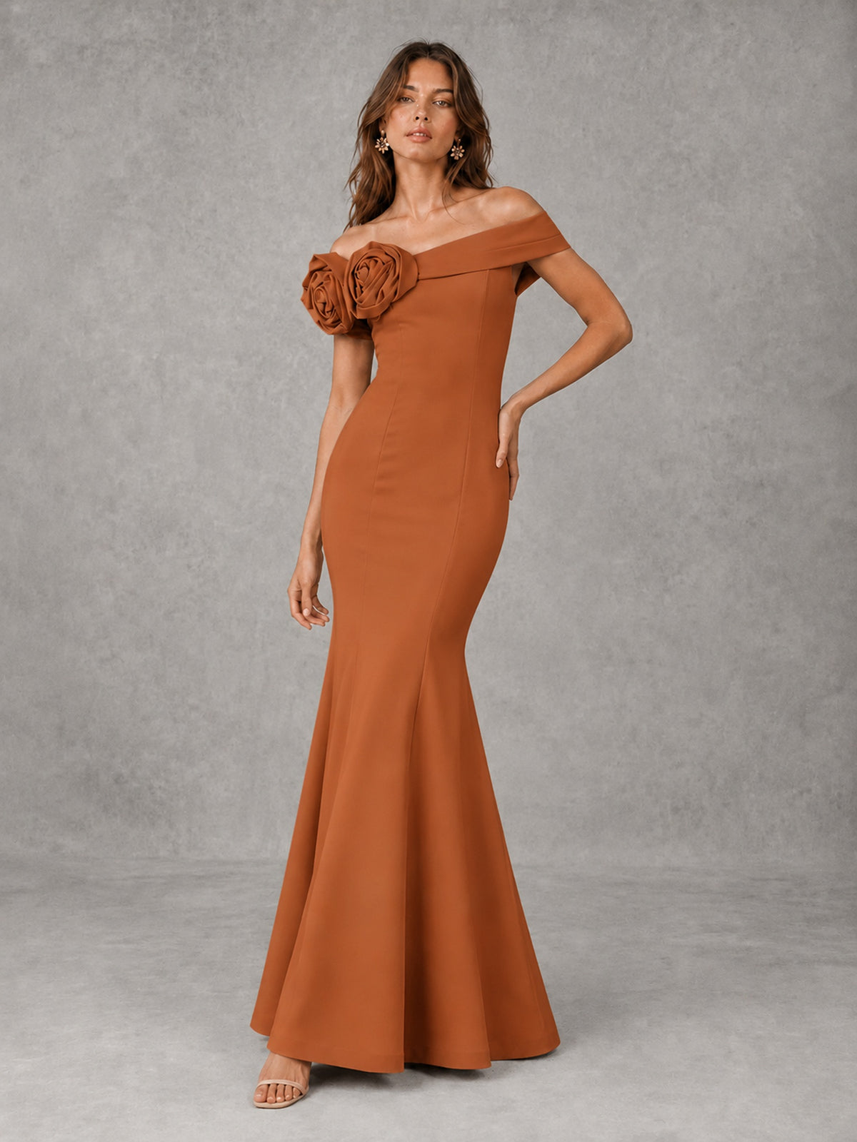 Blush Pink Off Shoulder Mermaid Bridesmaid Dress with Floral Rosette