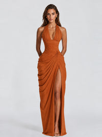 Ruched Halter Neck High-Slit Prom & Evening Dress