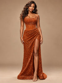 Gold Sequin Strapless Corset Prom Dress with High Slit