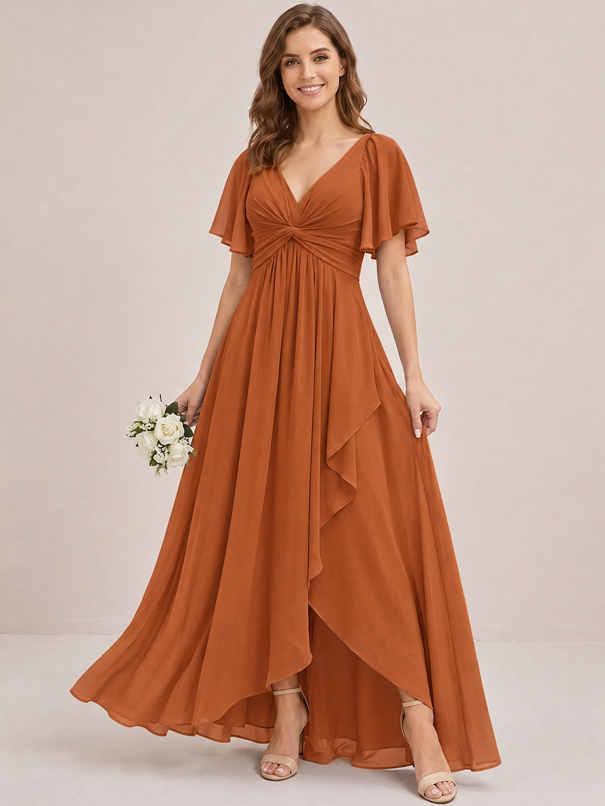 Dusty Blue Chiffon Bridesmaid Dress with Flutter Sleeves & High-Low Hem