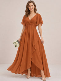 Dusty Blue Chiffon Bridesmaid Dress with Flutter Sleeves & High-Low Hem