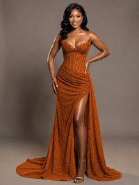 Burnt Orange Strapless Sequin Corset Mermaid Prom Dress with High Slit & Train Sparkly Evening Formal Gown