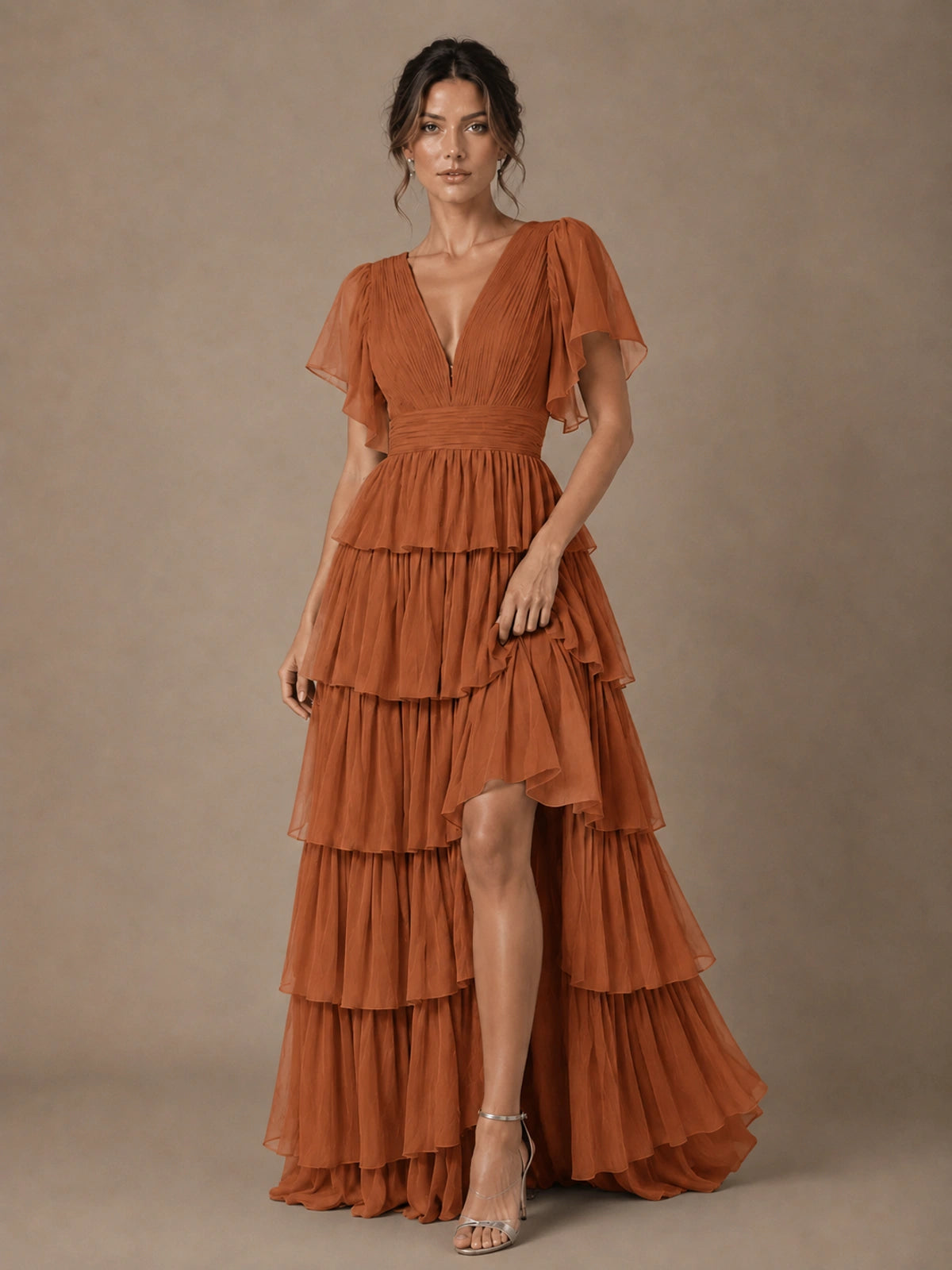 Chiffon V-Neck Tiered Ruffle Bridesmaid Dress with Slit