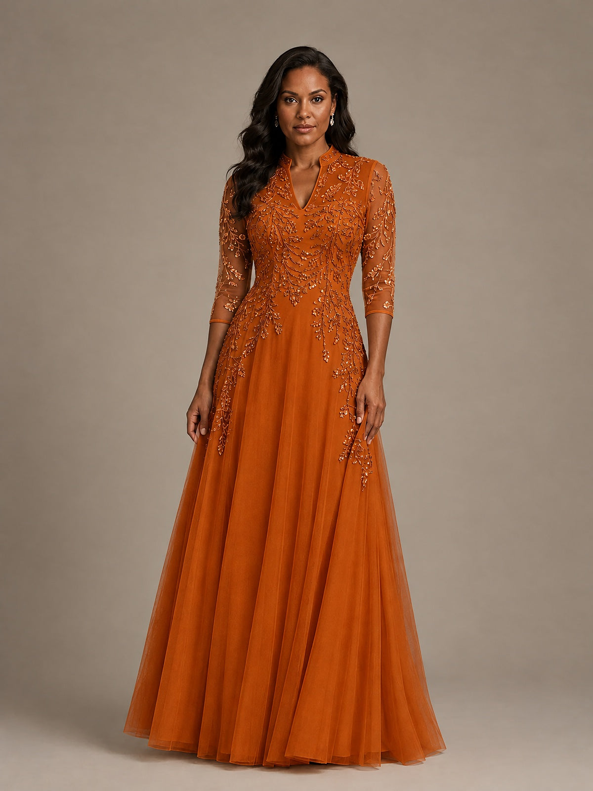 Embellished Appliques Mother of the Bride Dress with 3/4 Sleeves