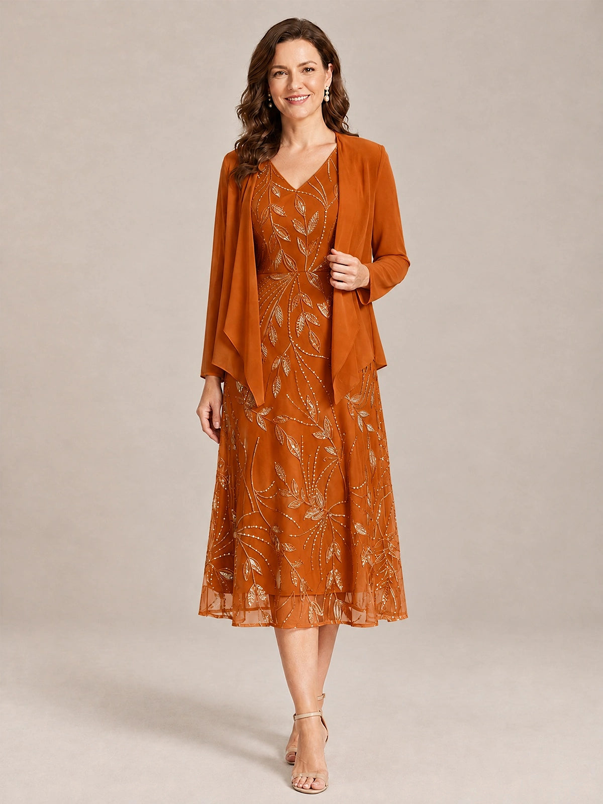 Burnt Orange-2 Piece Lace Appliques Chiffon Mother of The Bride Dress with Sequin