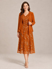 Burnt Orange-2 Piece Lace Appliques Chiffon Mother of The Bride Dress with Sequin