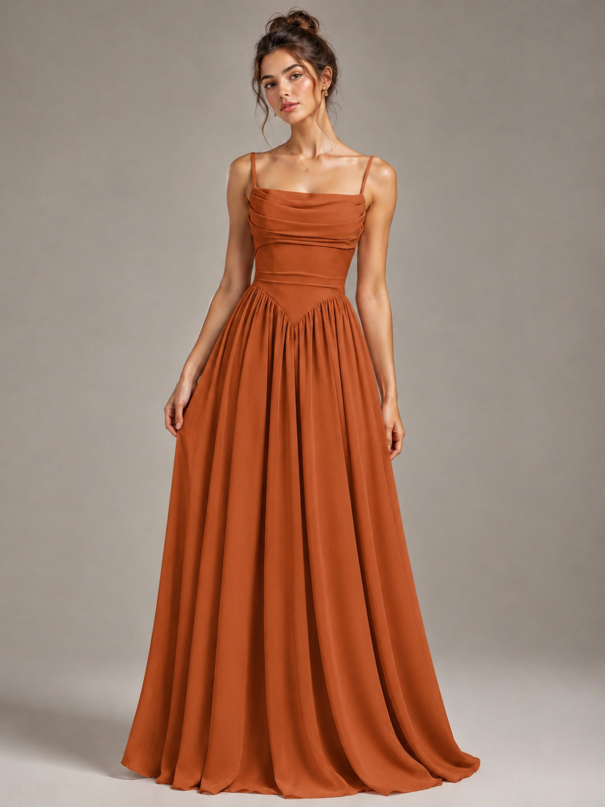 Spaghetti Strap Ruched Chiffon Maxi Dress with Backless