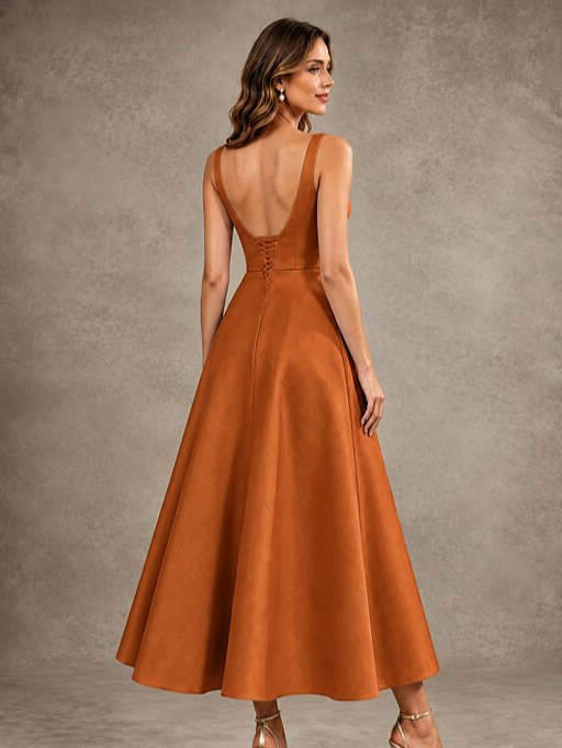 Tea-Length Satin Mother of the Bride Dress with 3D Flower Detail