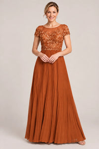 Embroidered Lace Pleated Mother of the Bride Dress