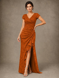 V-Neck Floral Jacquard Mother of the Bride Dress with Slit