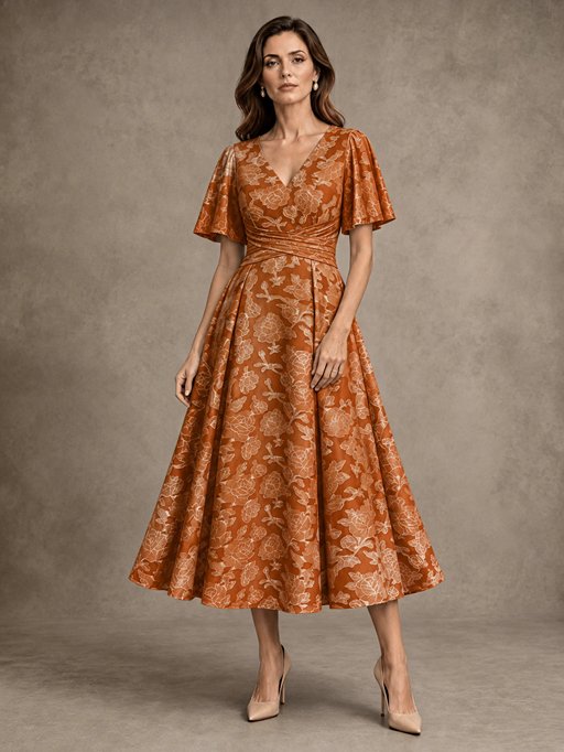 V-Neck Floral Jacquard Tea-Length Mother of the Bride Dress