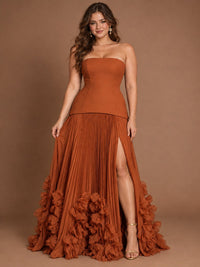 Strapless Pleated Floral Satin Formal Dress with Side Slit