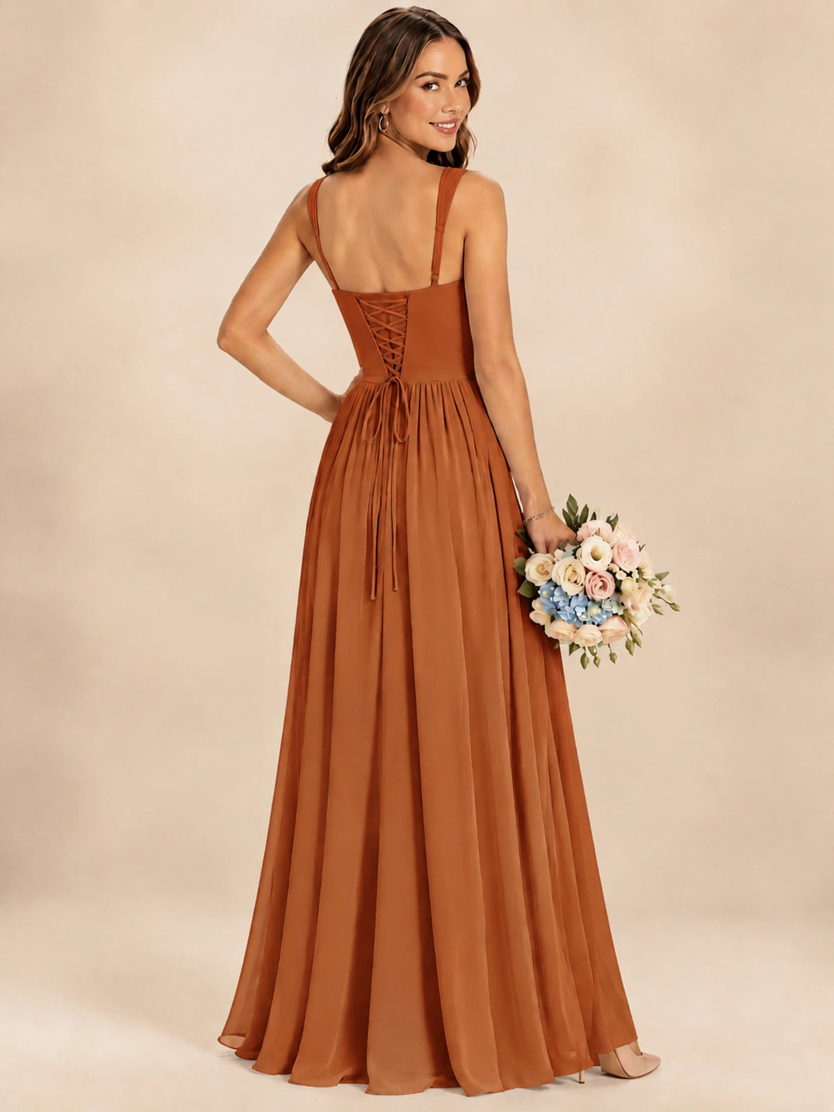 Spaghetti Straps Pleated Chiffon Bridesmaid Dress with Ruffle Slit