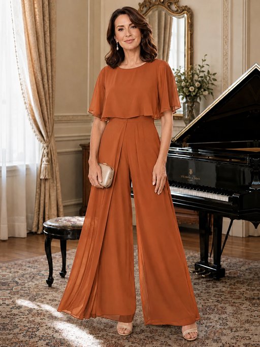 Chiffon Mother of the Bride Jumpsuit with Layered Cape Sleeves