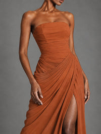 Strapless Bodycon Pleated Chiffon Formal Dress with Slit