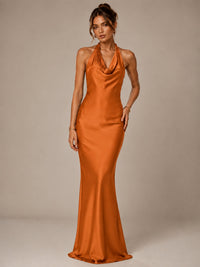 Olive Green Halter Satin Mermaid Maxi Dress