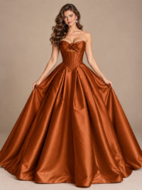 Pink Strapless Corset Satin Prom Derss & Ball Gown with 3D Floral