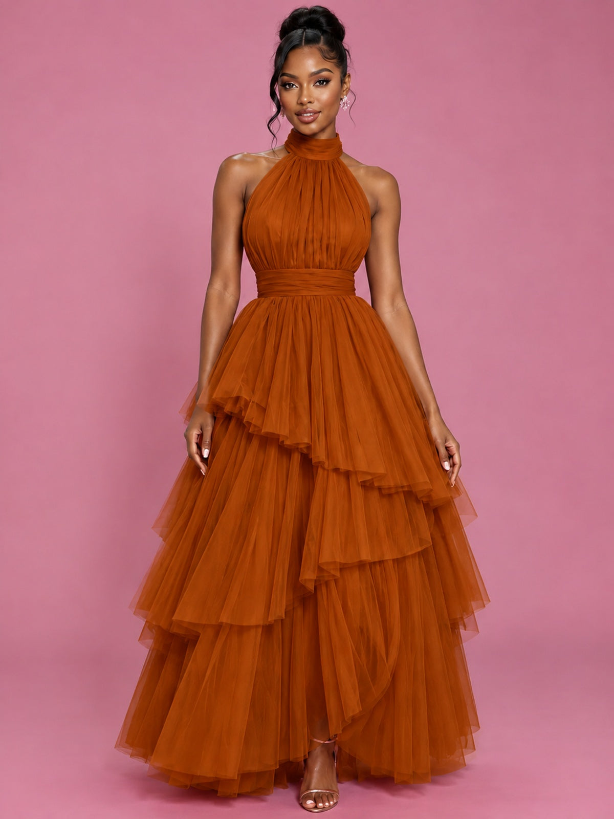 Hot Pink Tulle Halter Neck Tiered Ruffle Maxi Dress