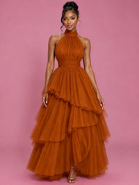 Hot Pink Tulle Halter Neck Tiered Ruffle Maxi Dress