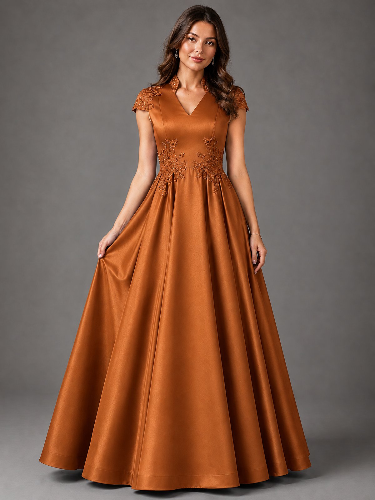 Lace Appliqué A-Line Satin Maxi Dress