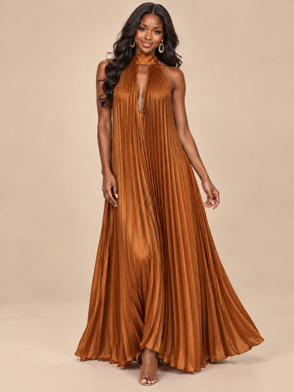 Rust Orange Pleated Halter Neck Maxi Dress