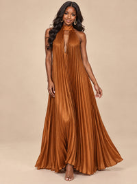 Rust Orange Pleated Halter Neck Maxi Dress