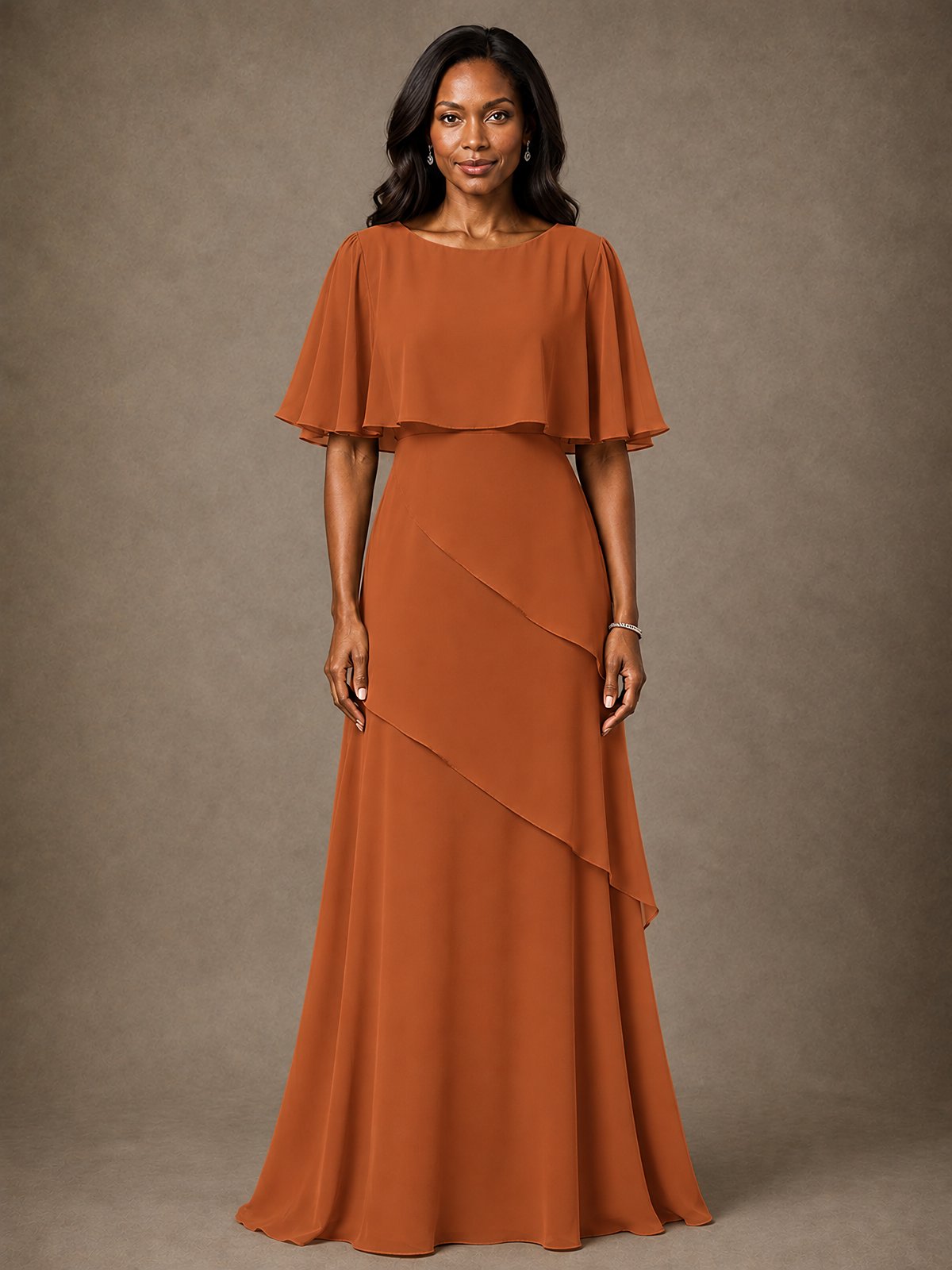Taupe Chiffon A-Line Mother of the Bride Dress with Cape Sleeves