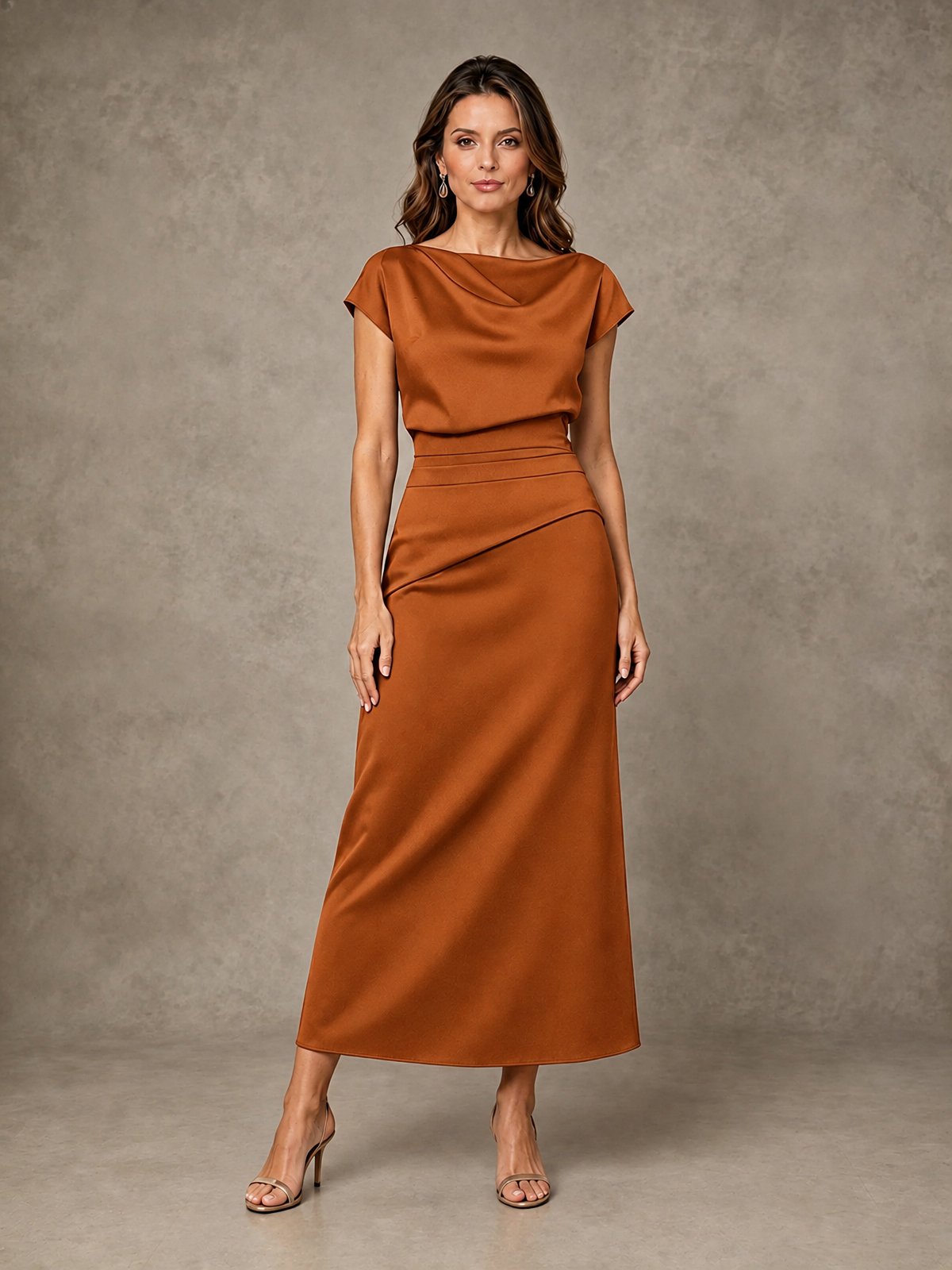 Cowl Neck Satin Mother of the Bride Dress with Ruched Waist