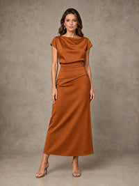 Cowl Neck Satin Mother of the Bride Dress with Ruched Waist