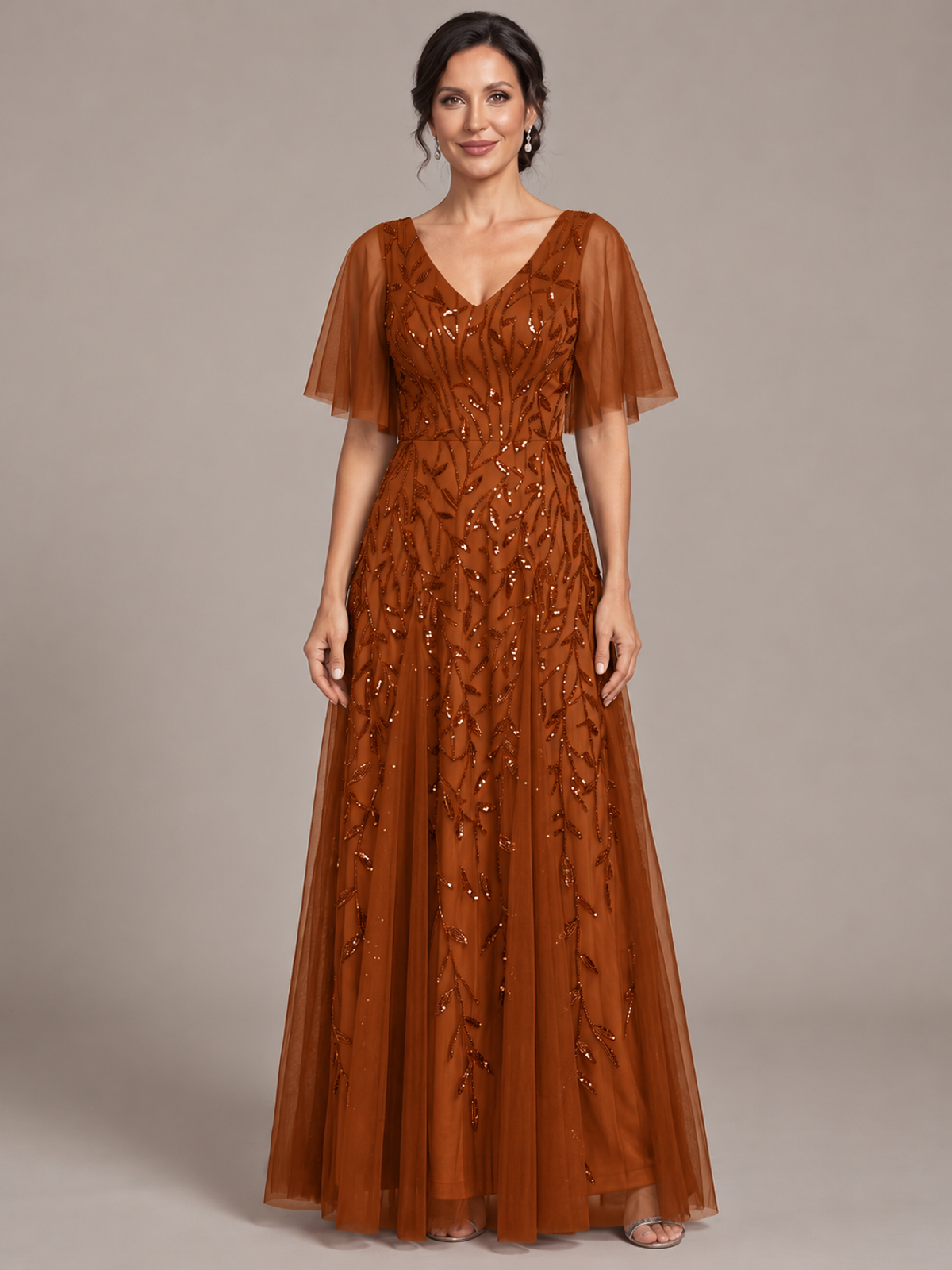 Burnt Orange V-Neck Sequin Tulle Mother of the Bride Dress with Flutter Sleeve A-line Evening Formal Wedding Guest Dress