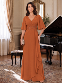 Burnt Orange V-Neck Chiffon Lace Mother of the Bride Dresses with Flutter Sleeve A-line Long Ruffled Evening Formal Wedding Guest Gown