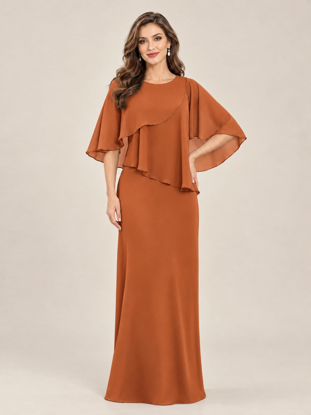 Burnt Orange-Chiffon 2 Piece A Line Mother of The Bride Dresses with Cape