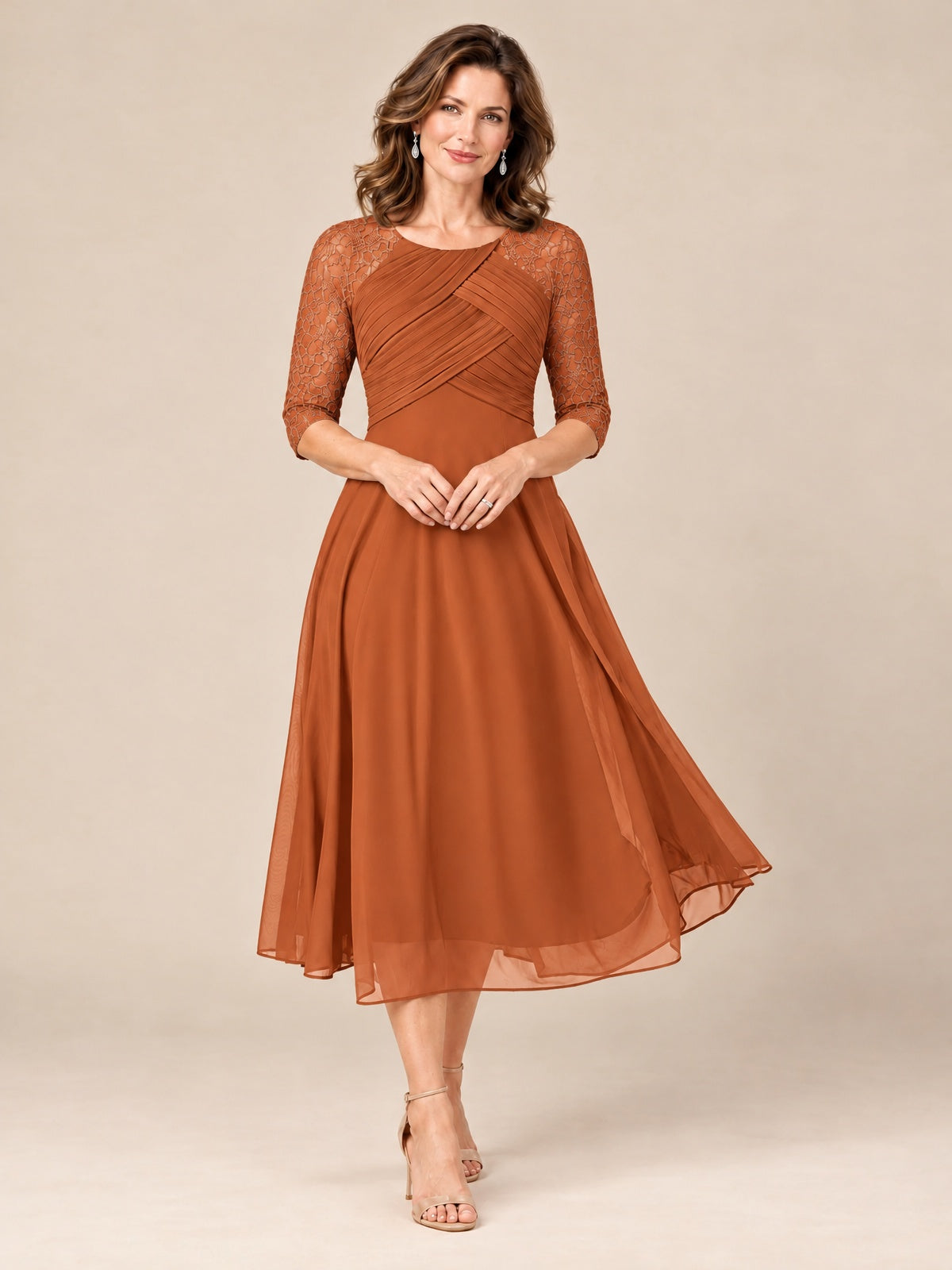 Burnt Orange-Lace Applique Pleated Tea Length Mother of The Bride Dresses