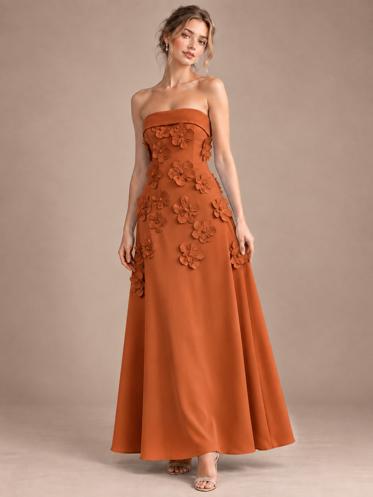 Burnt Orange Strapless 3D Floral Appliques Maxi Dress