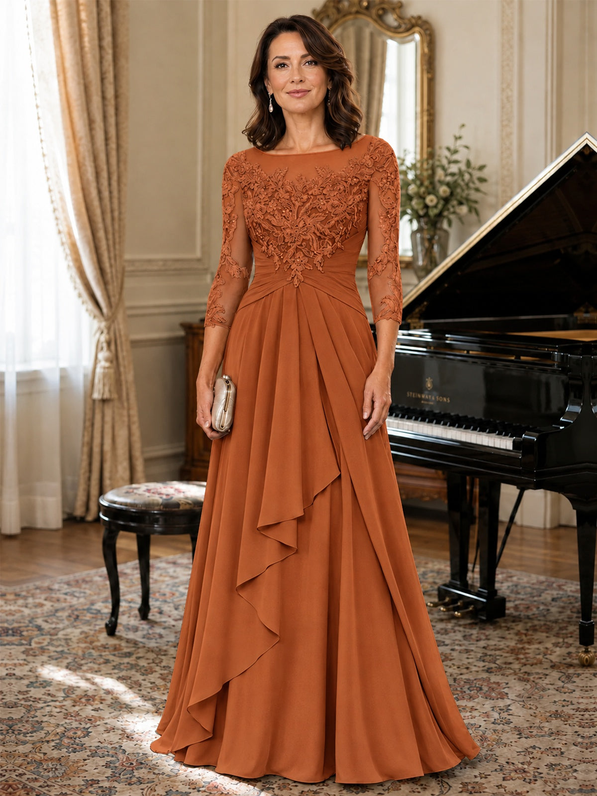 A-Line Chiffon Mother of the Bride Dress with Floral Applique 3/4 Sleeves
