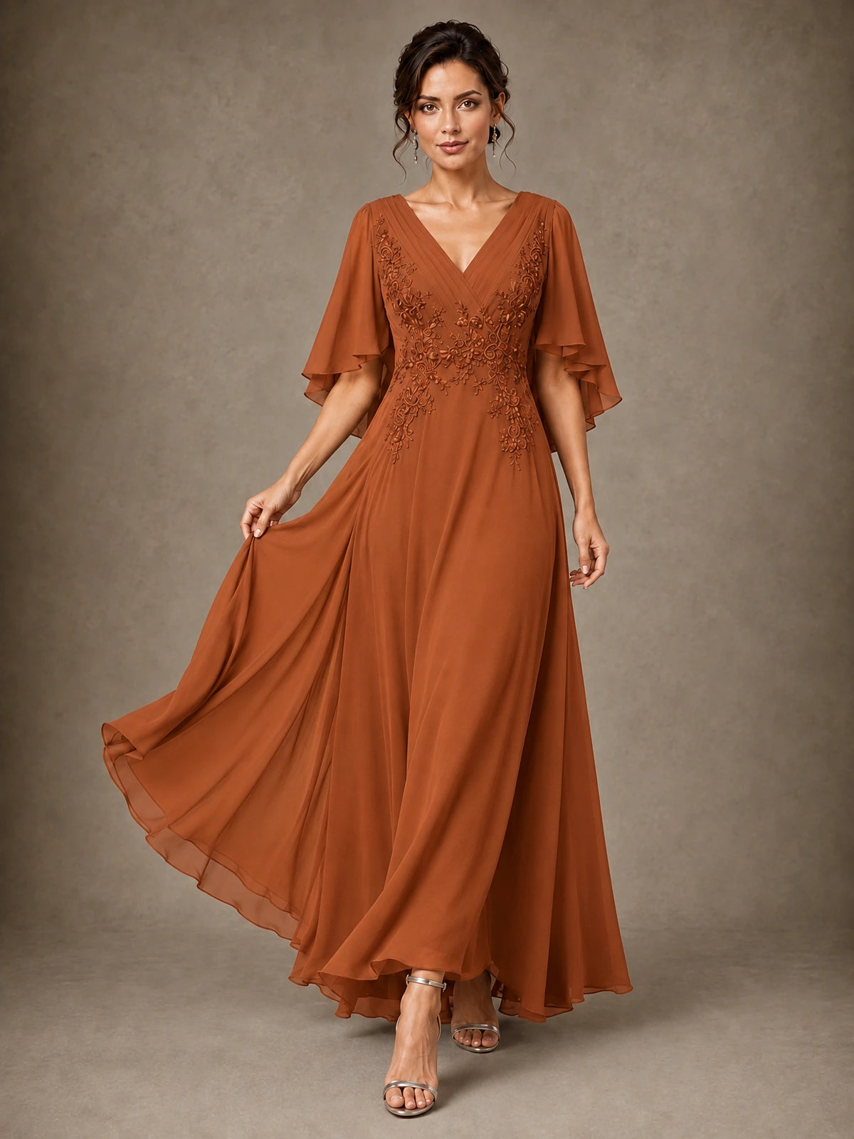 V-Neck Chiffon Lace Mother of the Bride Dress with Flutter Sleeves