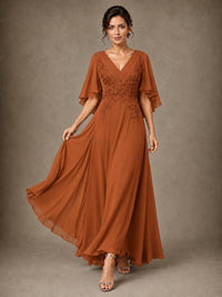 V-Neck Chiffon Lace Mother of the Bride Dress with Flutter Sleeves