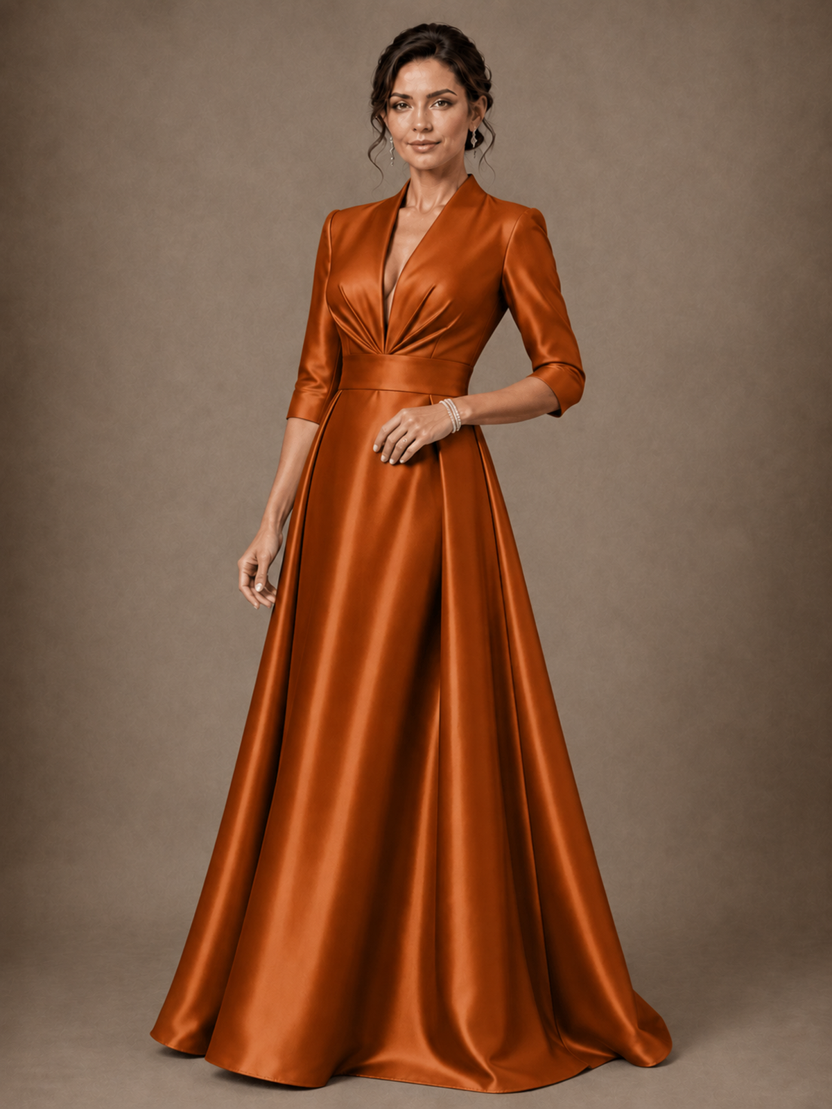 V-Neck Pleated Satin Mother of the Bride Gown with 3/4 Sleeves