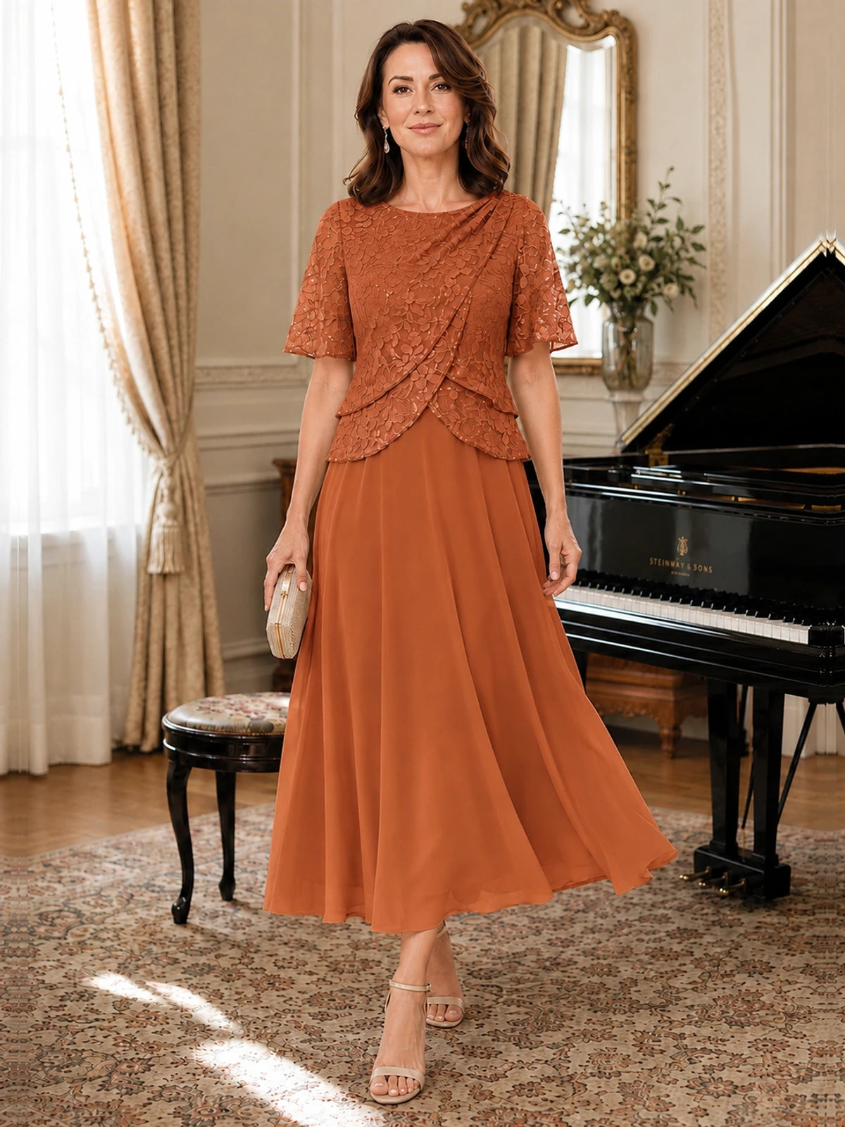 Tea-Length Chiffon Mother of the Bride Dress with Sequin Lace Sleeves
