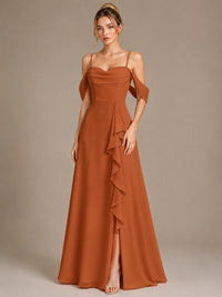 Spaghetti Strap Chiffon Bridesmaid Dress with Ruffles Slit