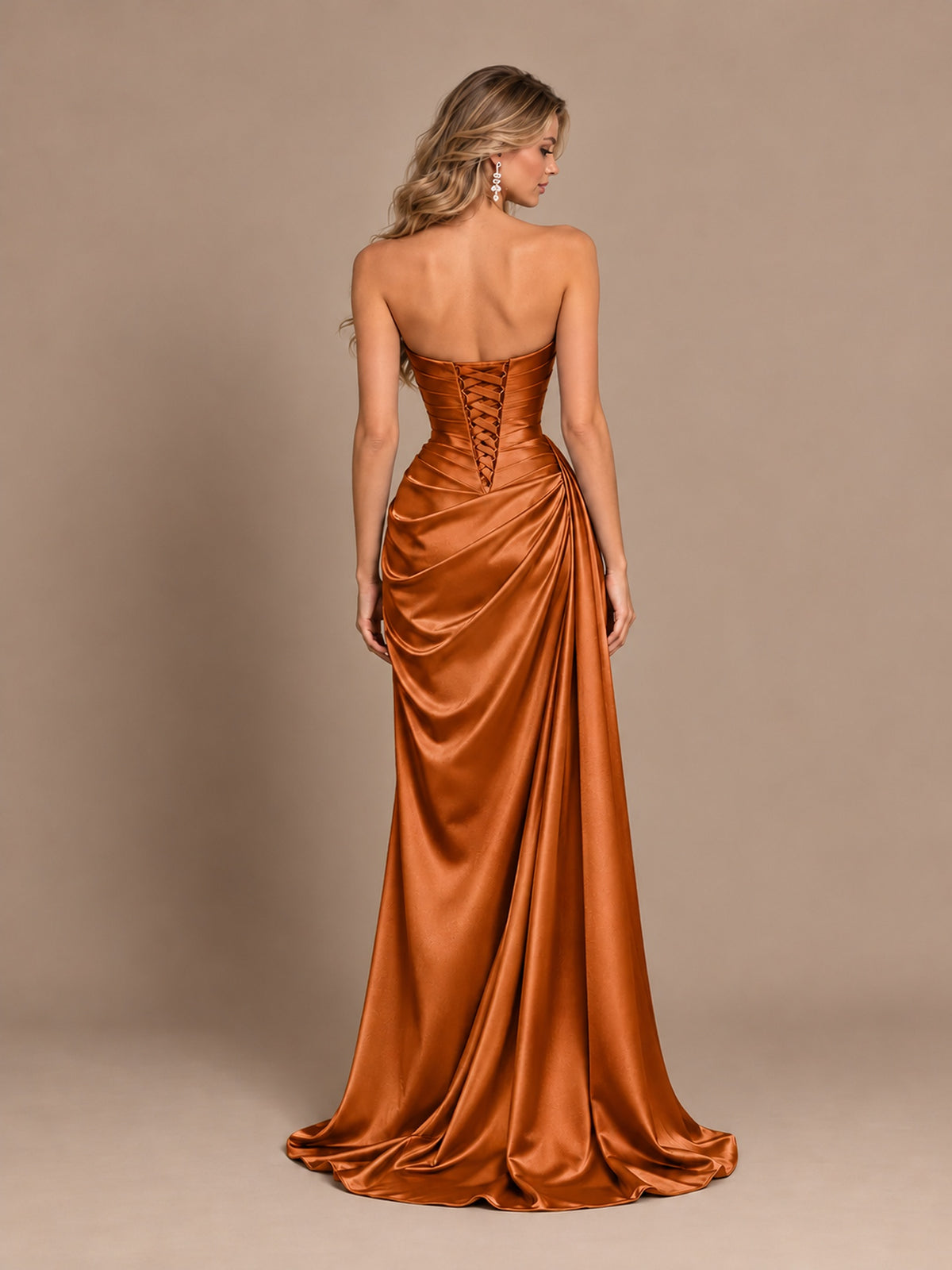 Dusty Blue Strapless Satin Prom Dress with Ruched Bodice and Slit
