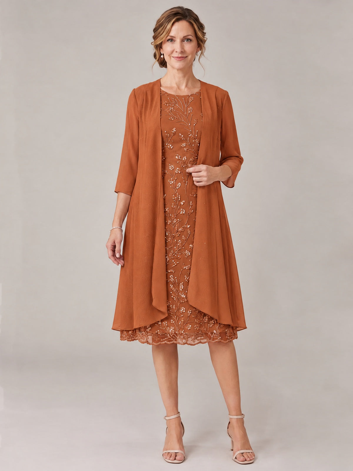Burnt Orange-2 Piece Lace Appliques Chiffon Mother of The Bride Dress with Sequin